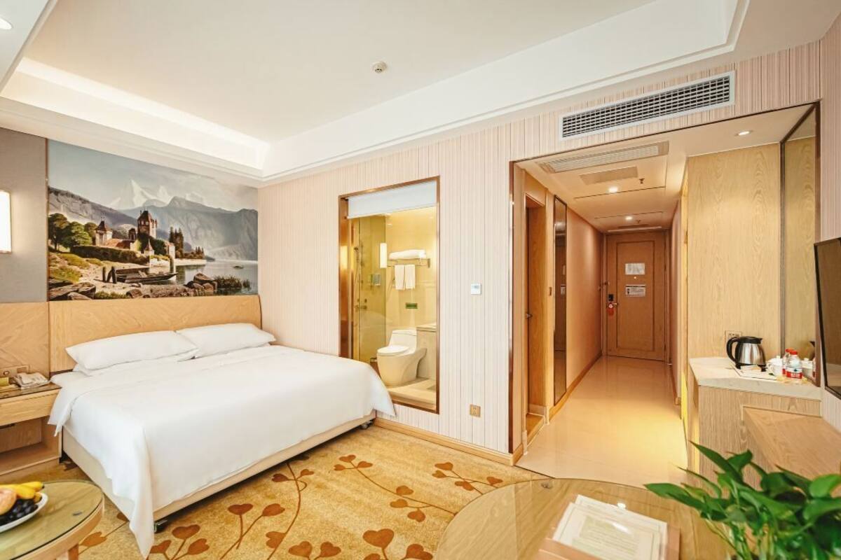 Une chambre d’hôtel comprenant un lit, une table de chevet, un tableau, un miroir, une salle de bain et une kitchenette.