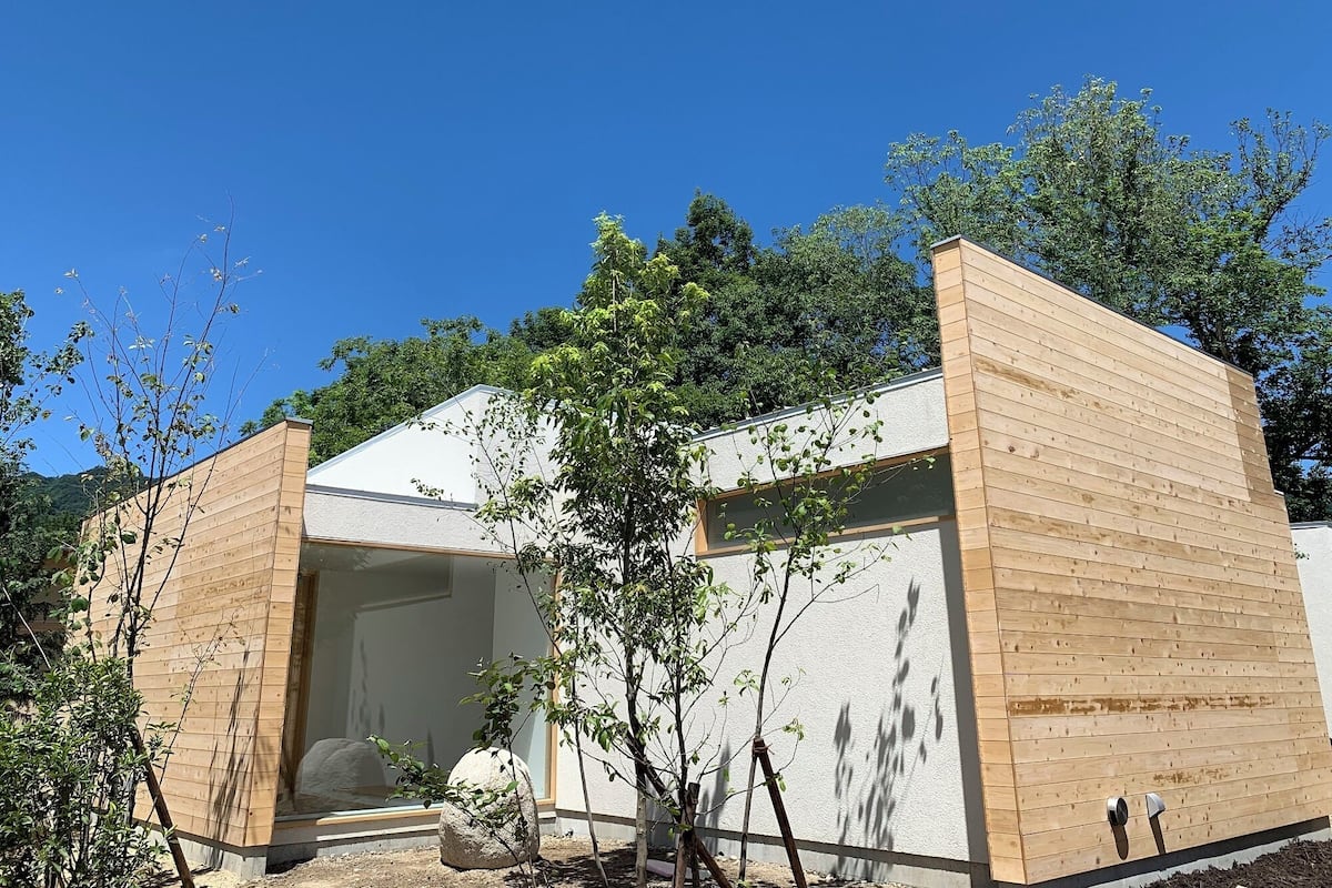 A modern building with a wooden exterior, a visible entrance, and a small garden area with trees and a rock.