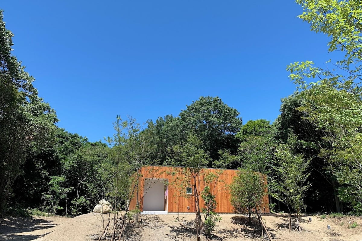 A wooden cabin with a door and windows, surrounded by trees and a dirt path.
