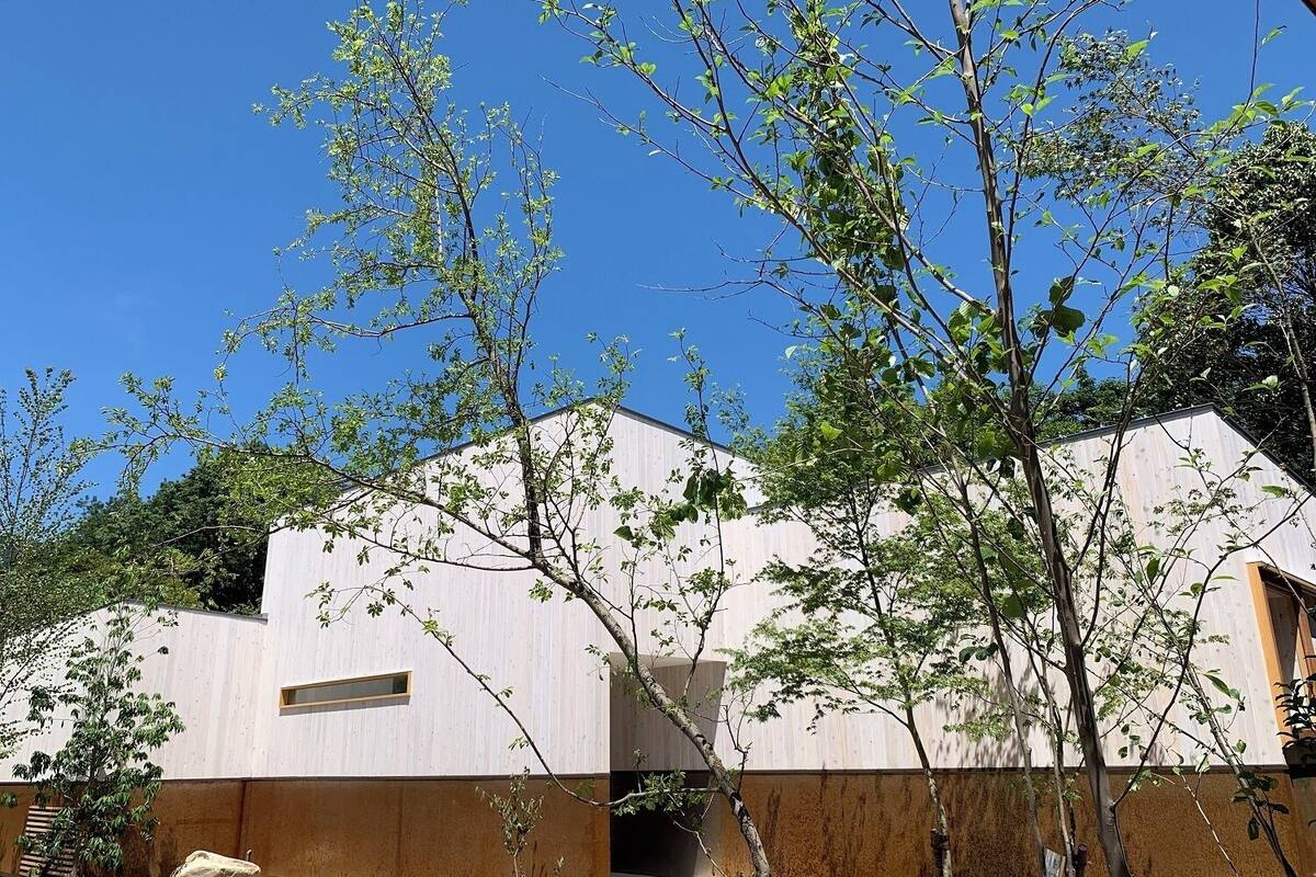 A modern building with a flat roof, a large window, and a wooden deck area.