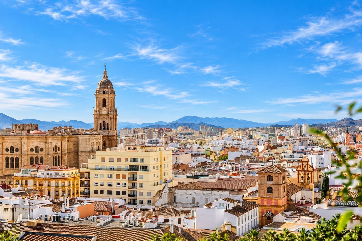 Paisatge urbà amb una catedral destacada i un campanar alt, envoltat d'edificis densament agrupats i un cel serè.