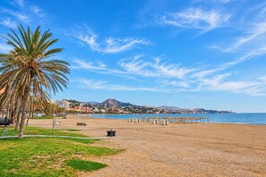 Ein Strand mit einer Palme, einem klaren Himmel und einem fernen Gebirge.