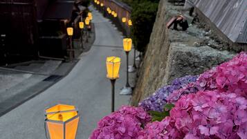 Eine Straße bei Sonnenuntergang mit Laternen und Blumen.