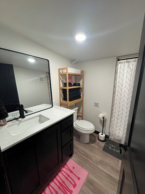 Shower, hair dryer, towels, soap