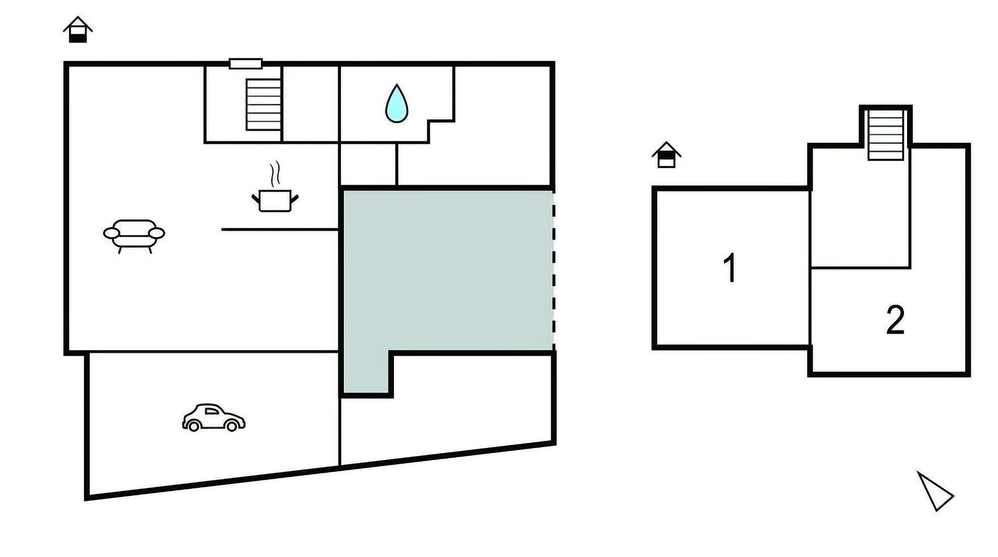 Plano de planta que muestra dos habitaciones, un baño y una cocina.