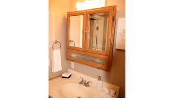 Hair dryer, towels, soap, toilet paper