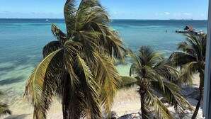 Blick auf einen Strand mit Palmen, klarem, blauem Wasser und einer entfernten Küste.
