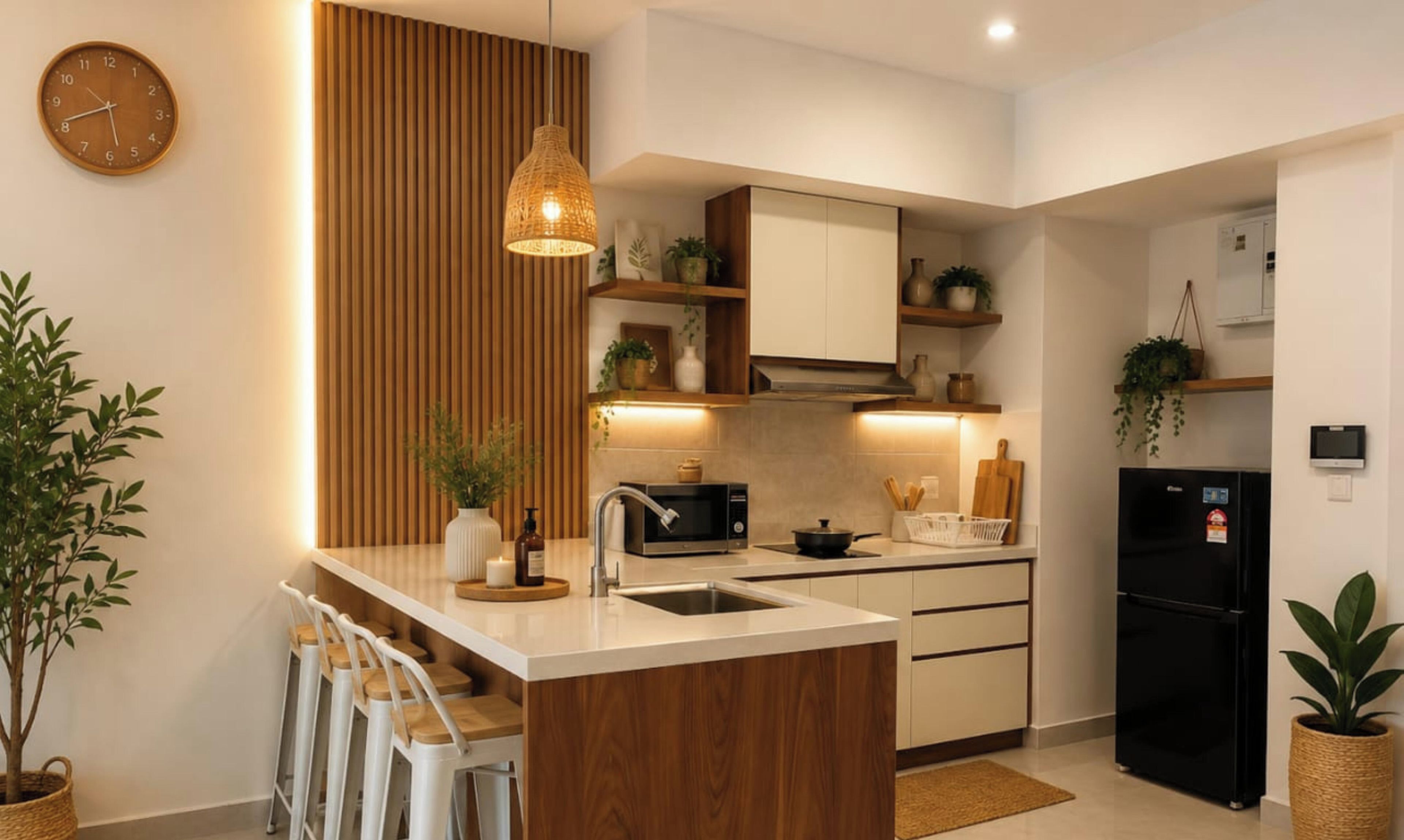 A modern kitchen with a central island, wooden panel wall, and built-in appliances.
