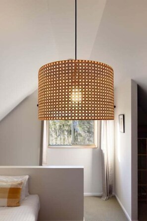 A room with a bed, a window with curtains, and a hanging light fixture. - Heimat Rural Retreat - Pademelon Patch Chalet (Black Hills)