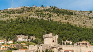 A historic stone castle with a prominent tower, situated on a hill with surrounding greenery and residential buildings. - South & Comfort (Dubrovnik)