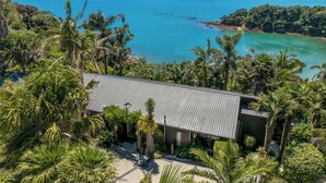 A modern house with a metal roof, surrounded by lush greenery and a view of a large body of water. - Palms on Kennedy Point (Waiheke Island)