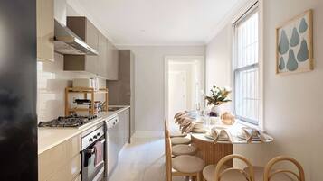 Coffee/tea maker, fridge, microwave, oven