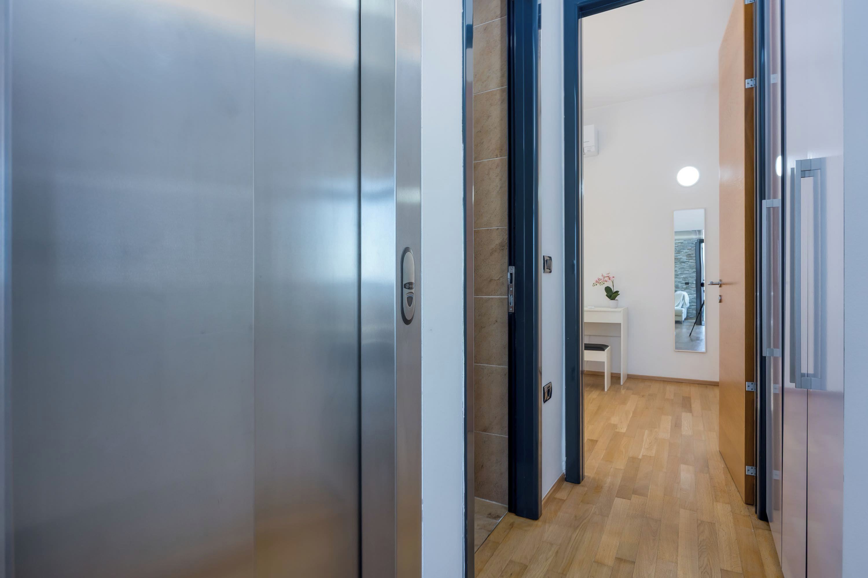A hallway with a modern elevator, a small table with a plant, and a wall-mounted picture.