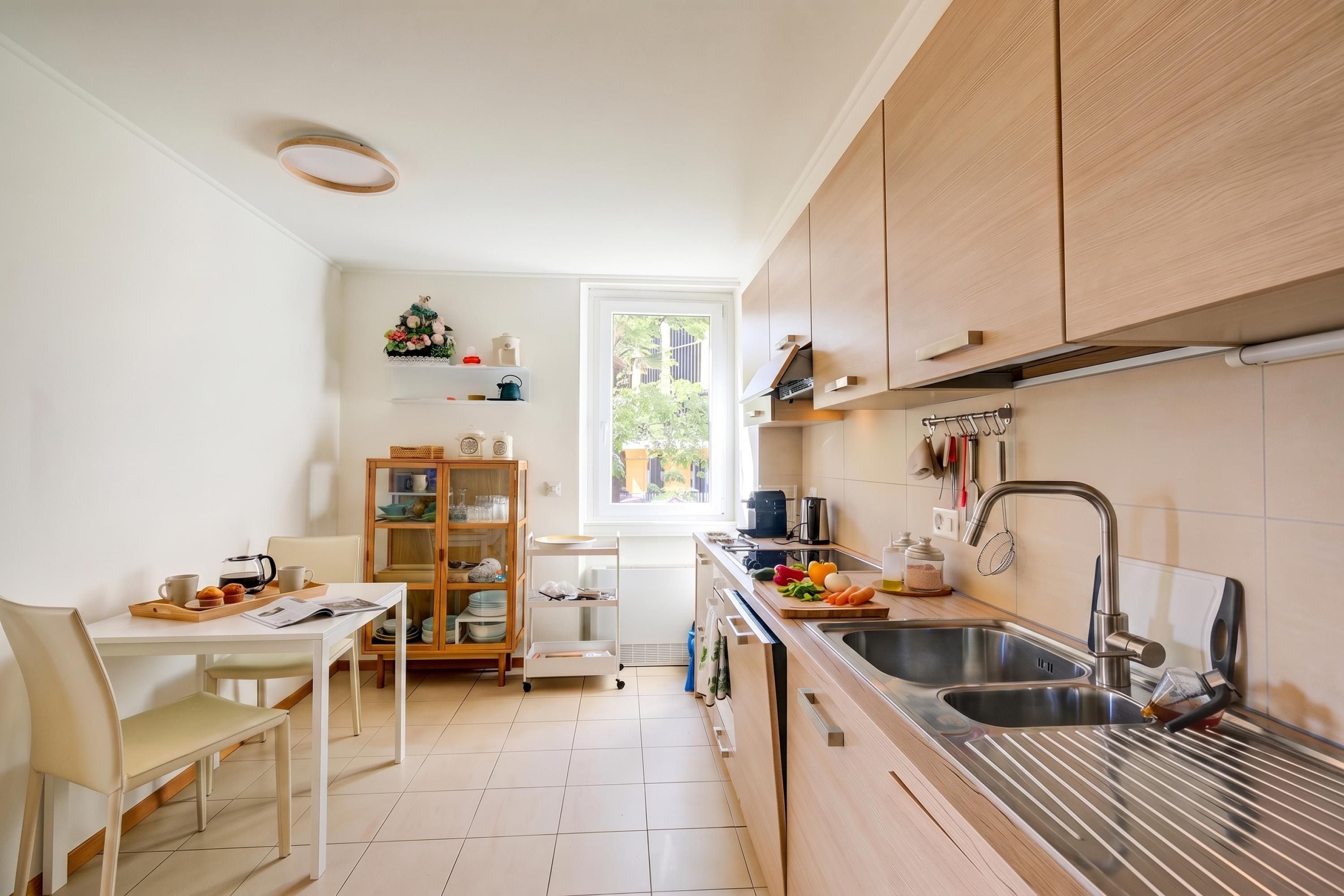 Cuina compacta amb zona de menjador, una finestra i vistes a la vegetació.