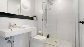 Shower, hair dryer, towels
