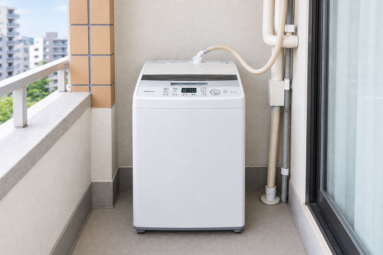 Máquina de lavar roupa compacta e branca numa varanda, com vista para a cidade.