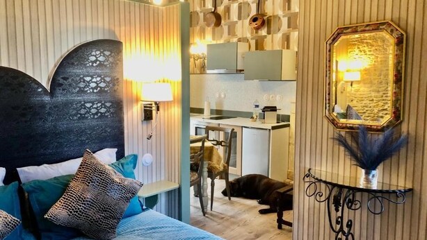 A bedroom with a bed, a chair, a dog, a nightstand, and a kitchen area with cabinets and a sink. - Les Fleurs De Lys, Suites&Appart , Entrée et Terrasse Privée Proche de la Mer (Saint-Georges-d'Oléron)