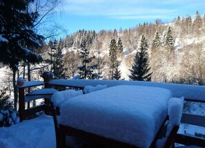 A snow-covered wooden deck with a bench and a table, overlooking a forested area. - Family Comfort in Guntersberge (Harzgerode)