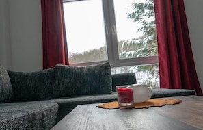 A cozy living room with a dark gray sofa, a wooden coffee table, and a glass of red drink. - Family Comfort in Guntersberge (Harzgerode)