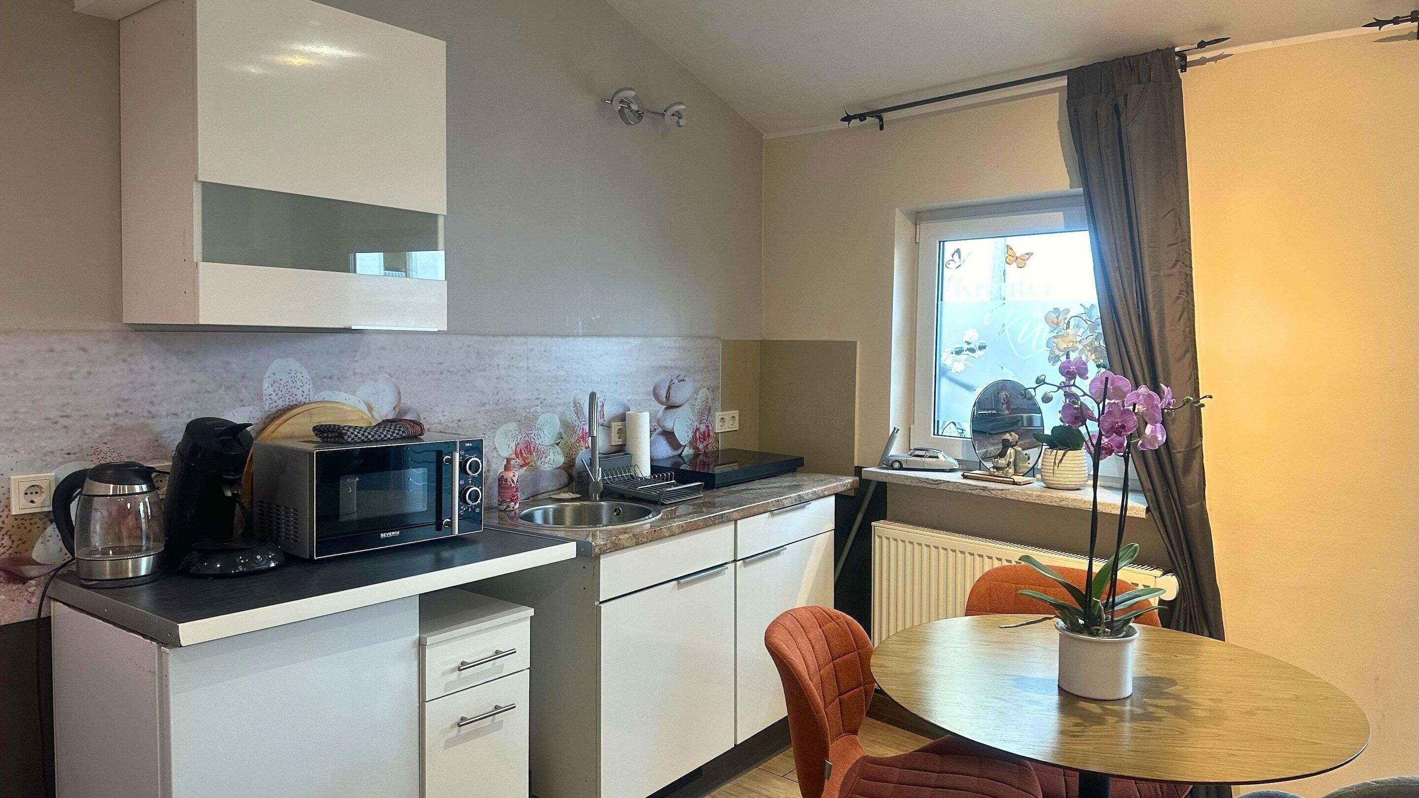 Fridge, microwave, coffee/tea maker, electric kettle