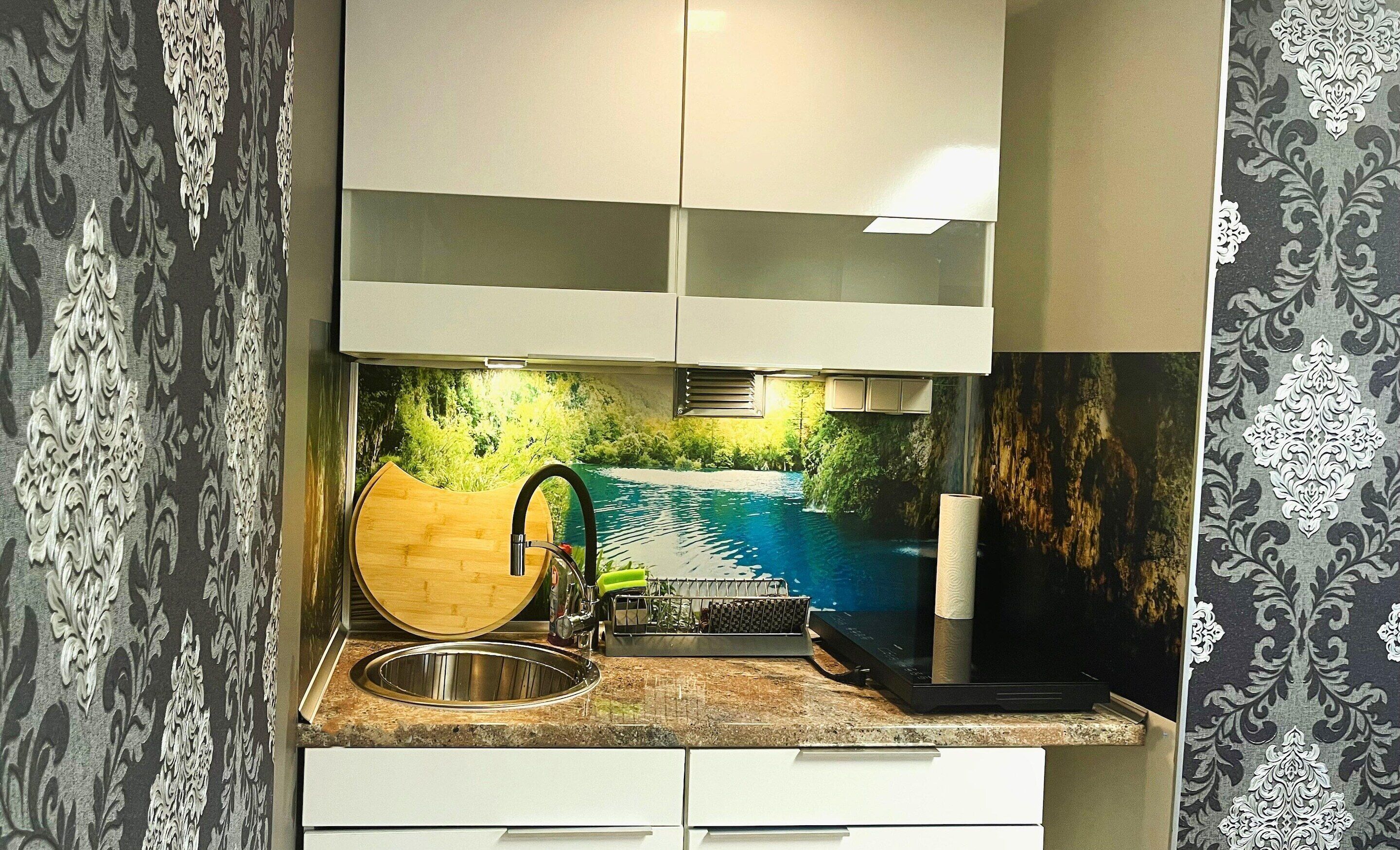 Fridge, microwave, coffee/tea maker, electric kettle