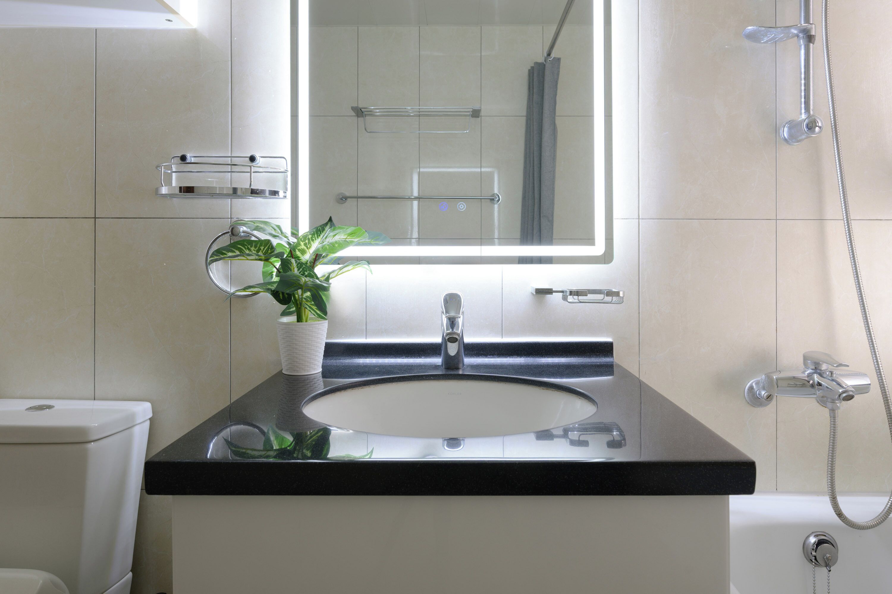 Hair dryer, bidet, towels, soap