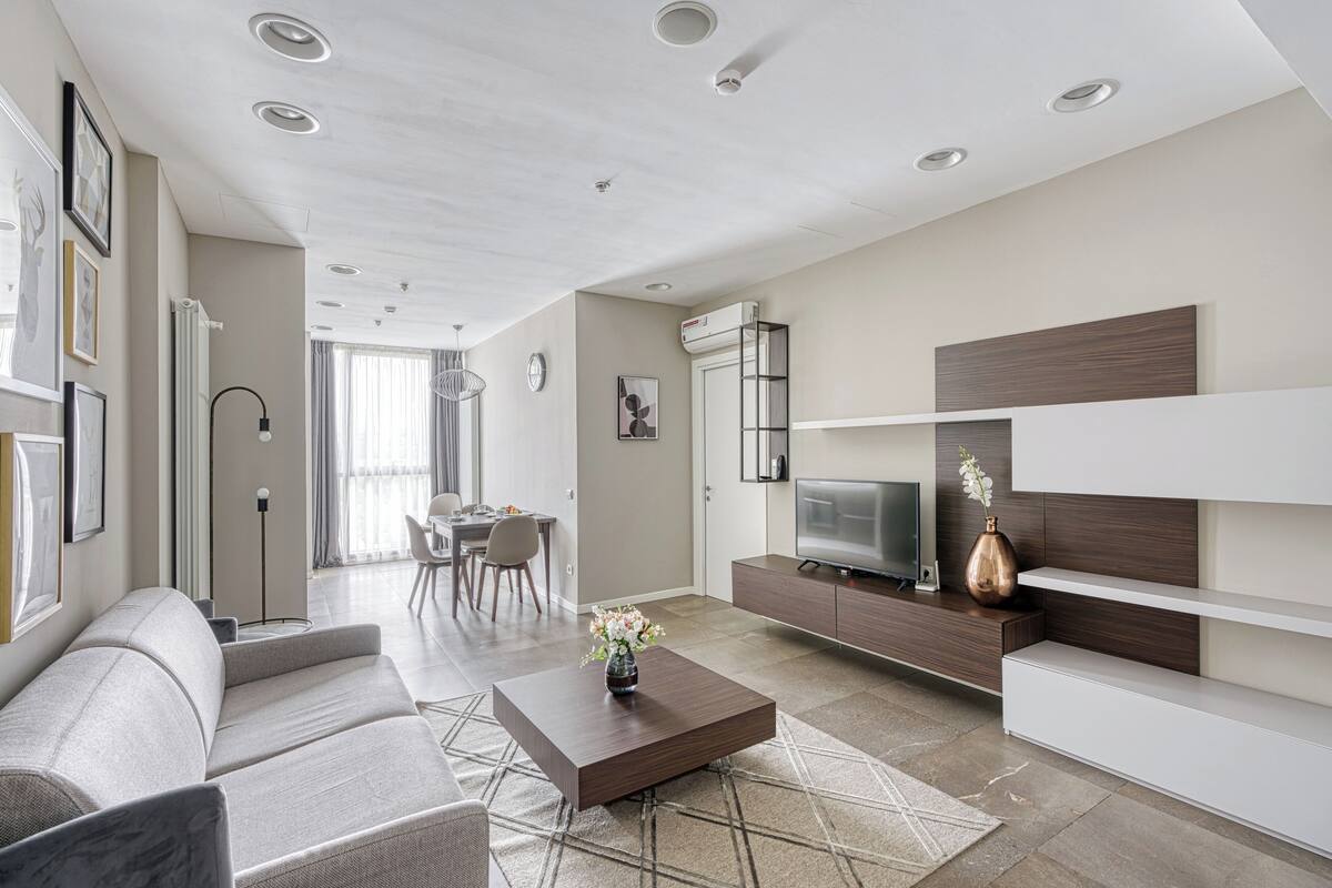 Un salon moderne avec un canapé, une table basse, un téléviseur et une décoration minimaliste.