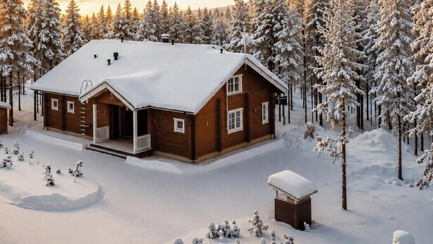 Eine Hütte mit schneebedecktem Dach, umgeben von schneelastigen Bäumen, und ein freigeräumter Weg zum Eingang.