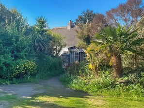 A pathway leading to a house surrounded by lush greenery and a palm tree. - 2 bedroom accommodation in Mullion (Mullion)