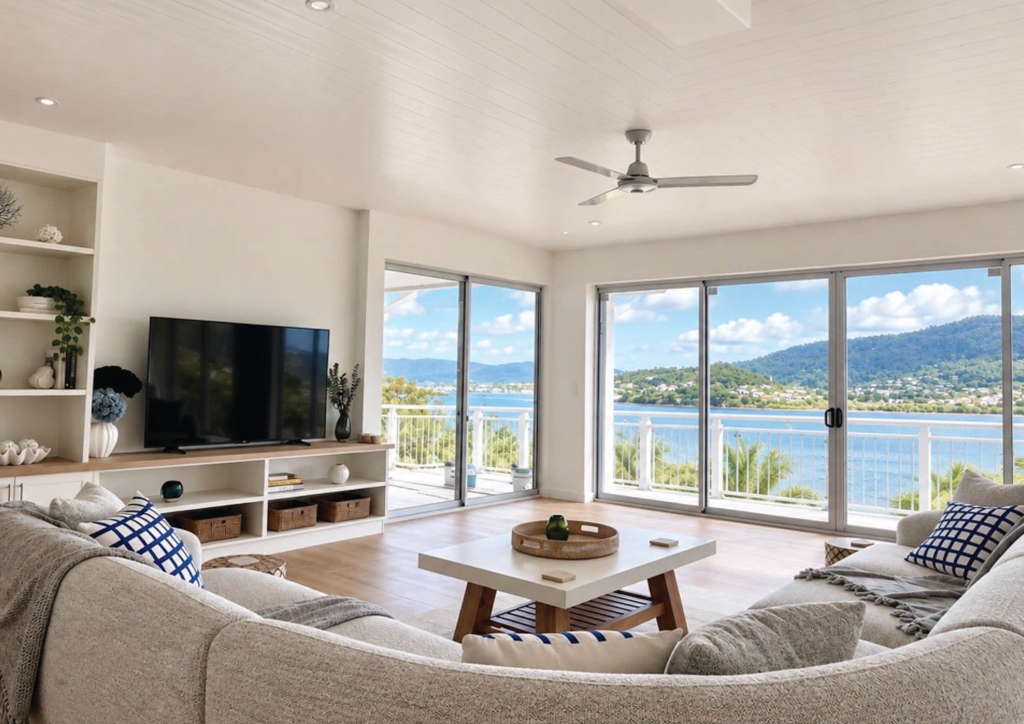 Een moderne woonkamer met een flatscreen televisie, een bank, een salontafel en een balkon met uitzicht op een meer en bergen.