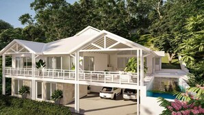 Ein zweistöckiges Haus mit Balkon, Schwimmbad und Auffahrt mit zwei Autos.