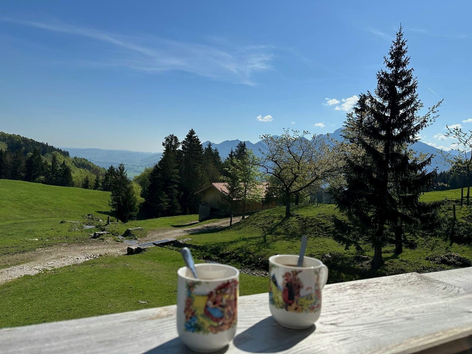 A scenic view with two cups on a wooden ledge, overlooking a green landscape with trees and distant mountains.