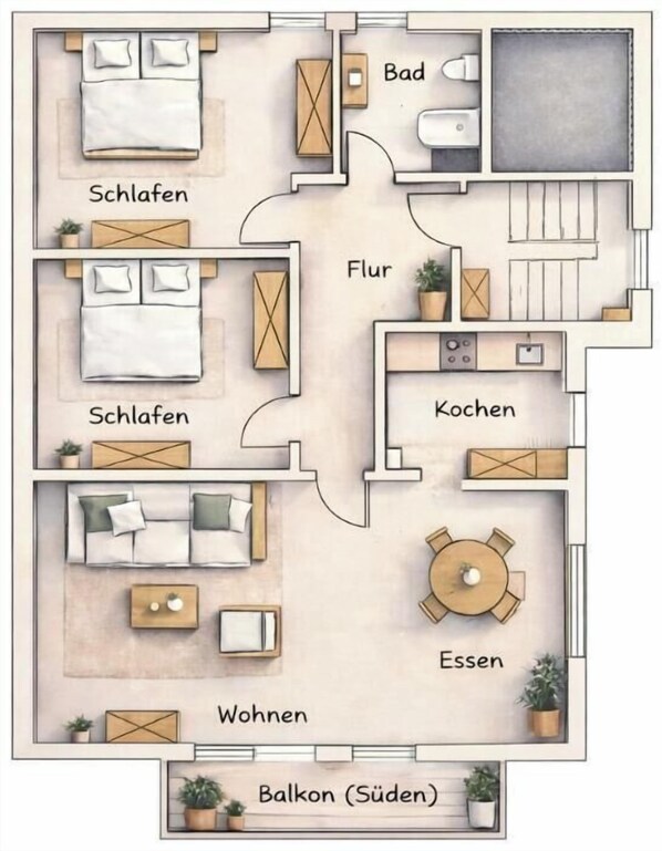 Un plan d’étage comprenant deux chambres, une salle de bain, une cuisine, un salon, un coin repas et un balcon.