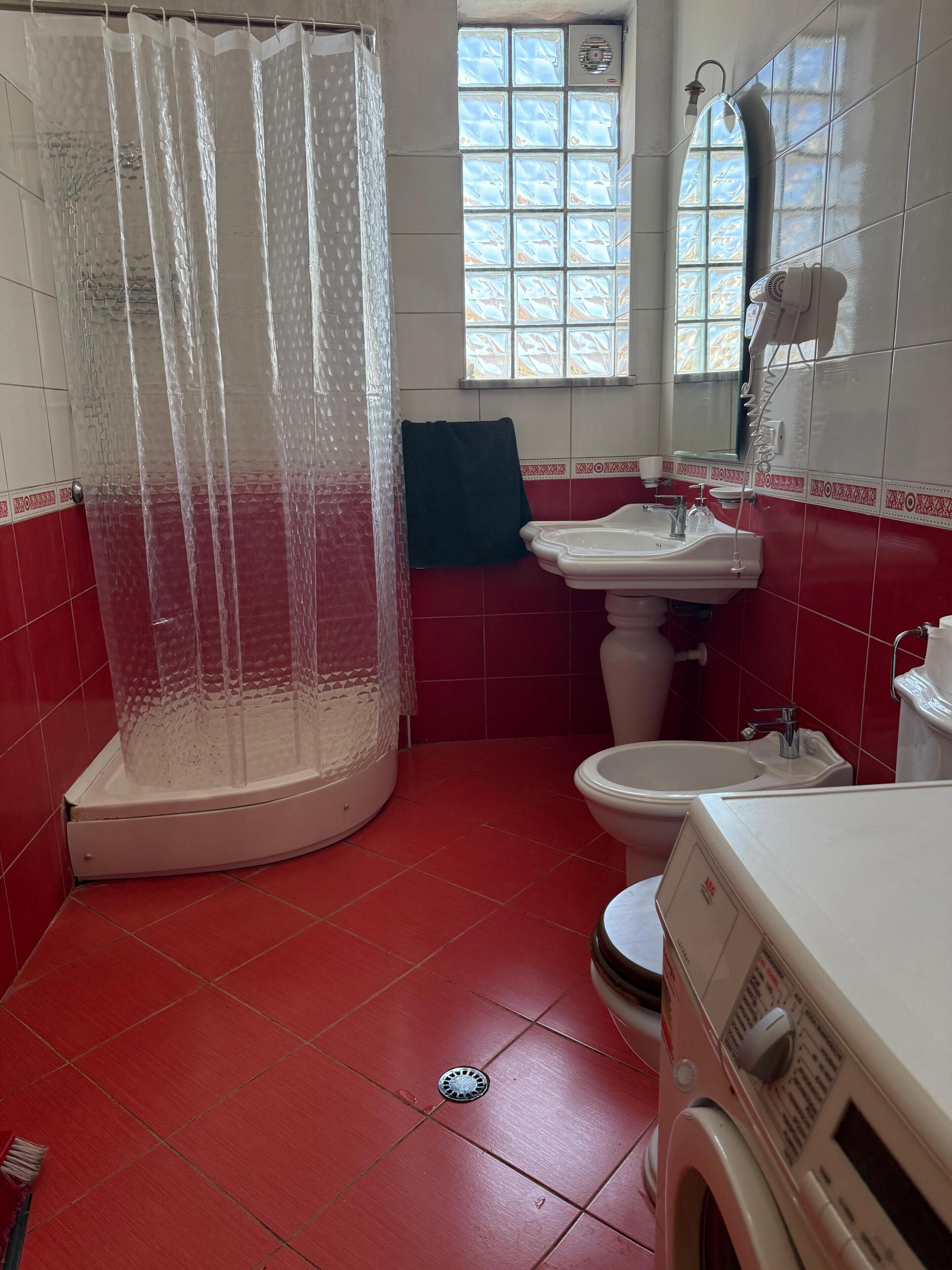 Shower, hair dryer, bidet, towels