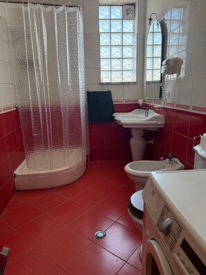 Een douche, een haardroger, een bidet, handdoeken