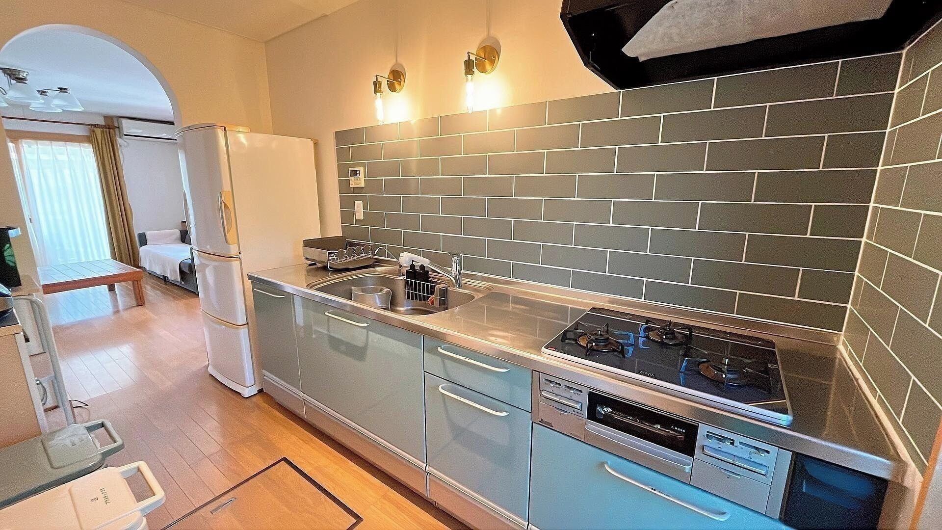 Fridge, microwave, cookware/dishes/utensils