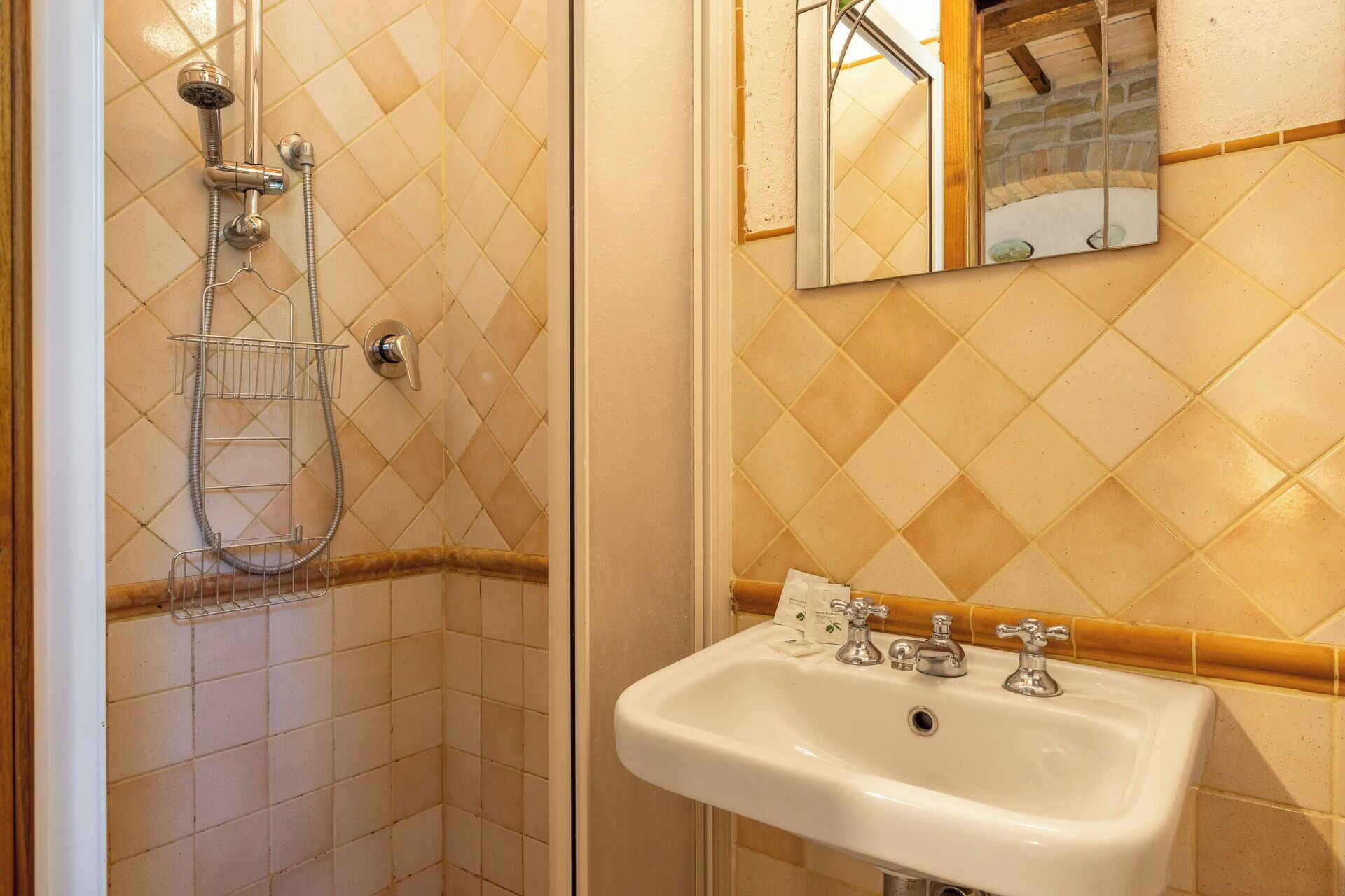 A bathroom with a shower, a sink, and a mirror.