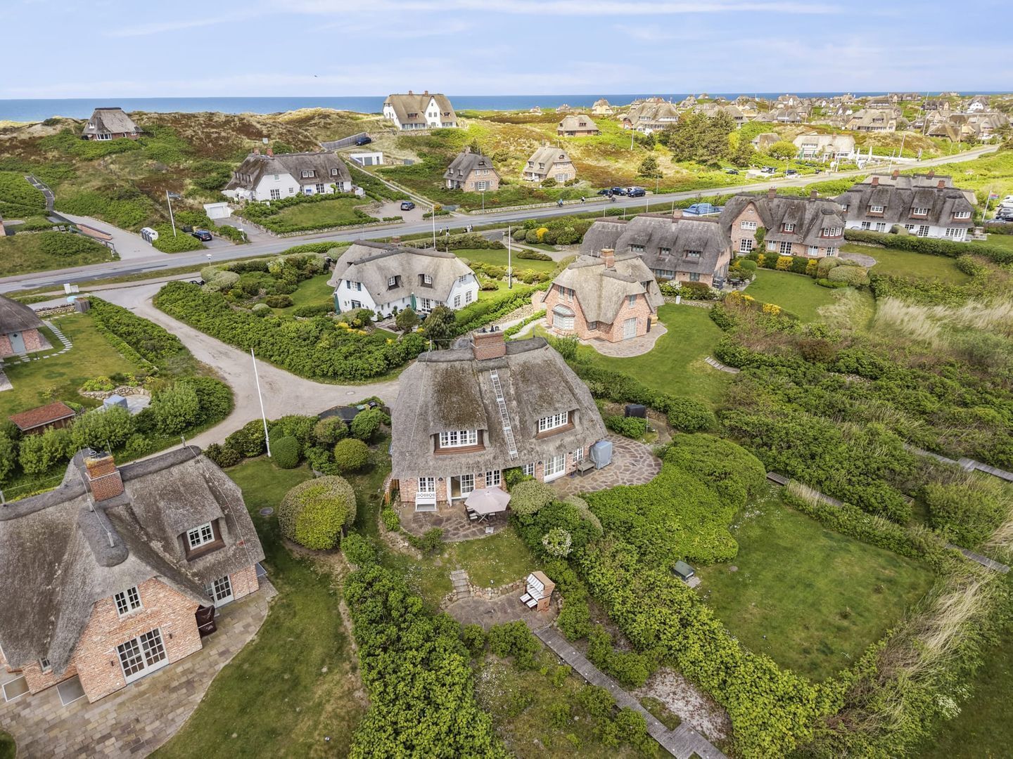 A coastal village with thatched-roof cottages, a main road, and a sea view.