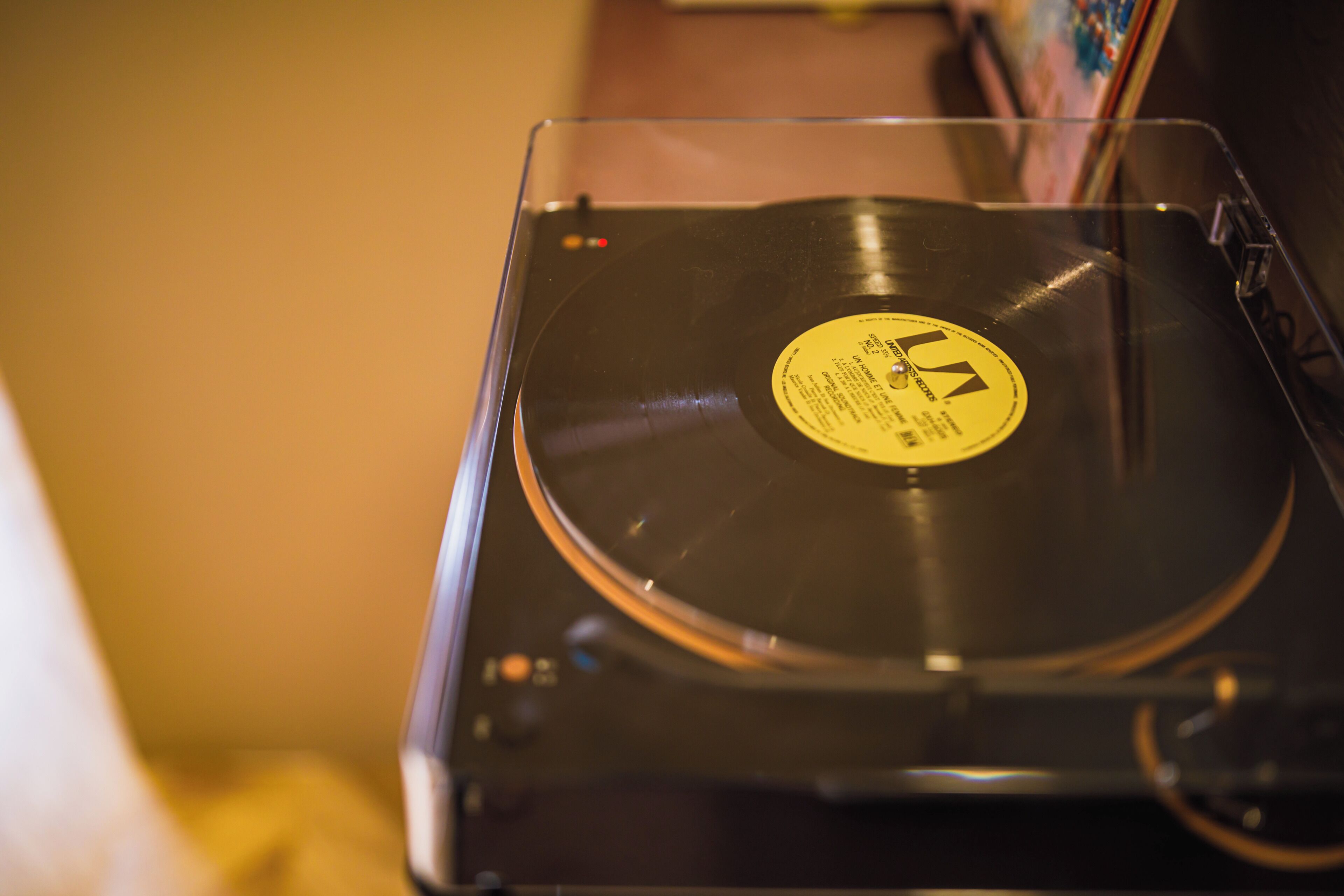A vinyl record on a turntable.