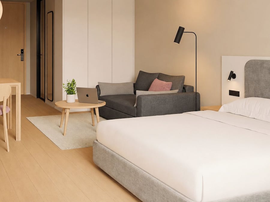 A modern hotel room with a bed, a desk, a chair, a sofa, a small table with a plant, and a lamp.