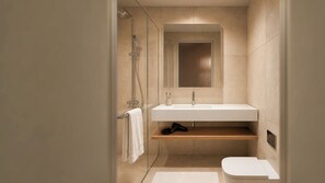 Shower, free toiletries, hair dryer, towels