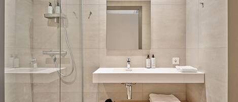 A modern bathroom with a glass-enclosed shower, a white sink, and a mirror above it.