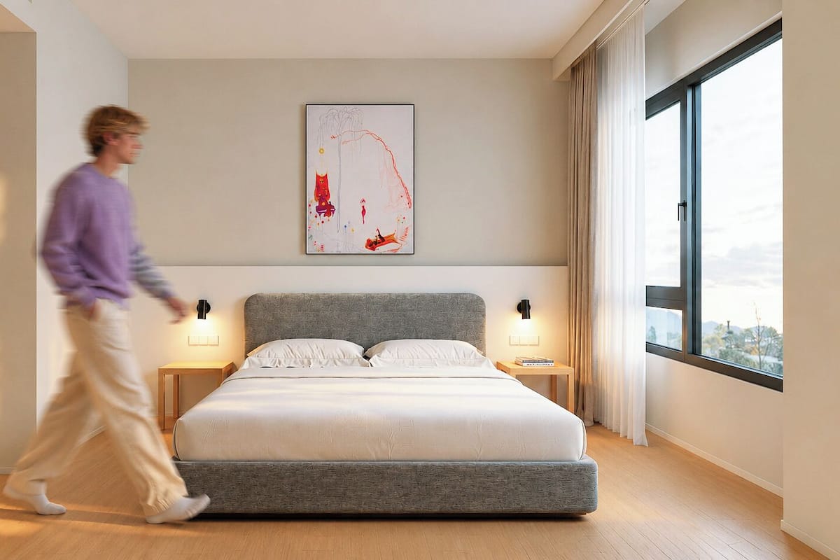 Ein modernes Schlafzimmer mit einem großen Bett, Nachttischen, einem Wandbild und einem großen Fenster.
