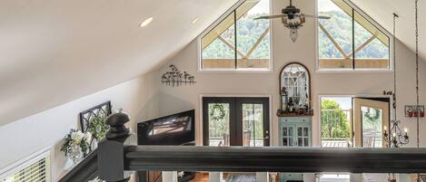 TV, fireplace, books