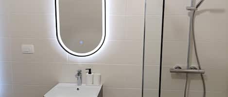 Shower, towels, soap, toilet paper