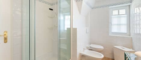 Ein Badezimmer mit Duschkabine, Toilette und Waschbecken.
