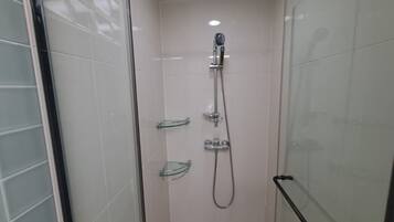 Hair dryer, towels, soap, shampoo
