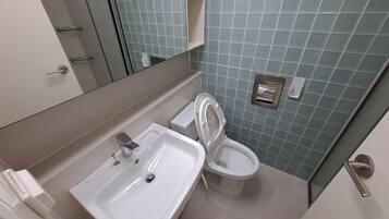 Hair dryer, towels, soap, shampoo
