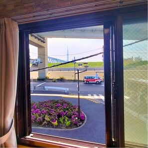 Blick aus dem Fenster auf eine Straße mit Brücke und einem Turm in der Ferne, ein Blumenbeet mit violetten Blumen und ein rotes Fahrzeug.