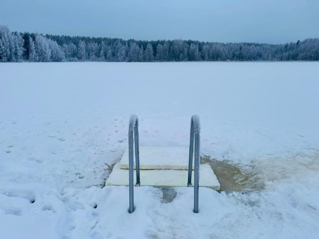 A snowy landscape with a frozen lake and a metal structure in the foreground.